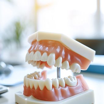 Model teeth on desk next to calculator with person blurry in background