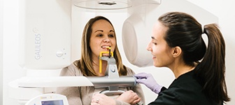 Woman receiving 3 D C T scan in Whitinsville dental office